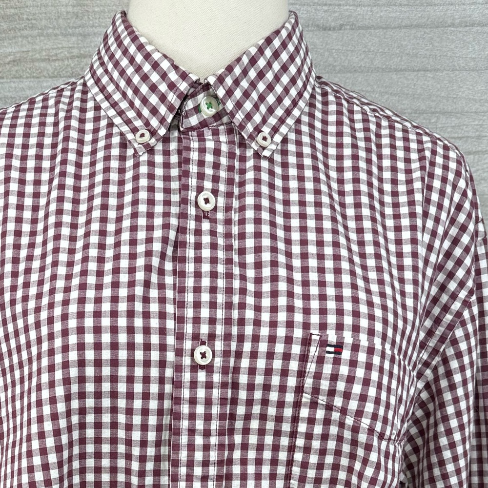 TOMMY HILFIGER Men's 100% Cotton Plaid Check Button Down Shirt Maroon/White-L